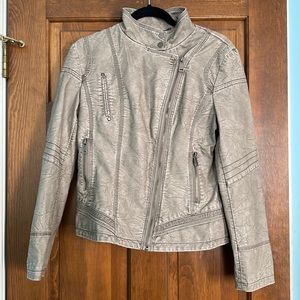 Tan Leather Moto Jacket with Quilted Stitching and Asymmetrical Zipper